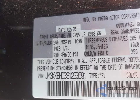 2025 Mazda Cx-90 3.3 Turbo Preferred Package из США, поврежденный, VIN JM3KKBHD3S1233591